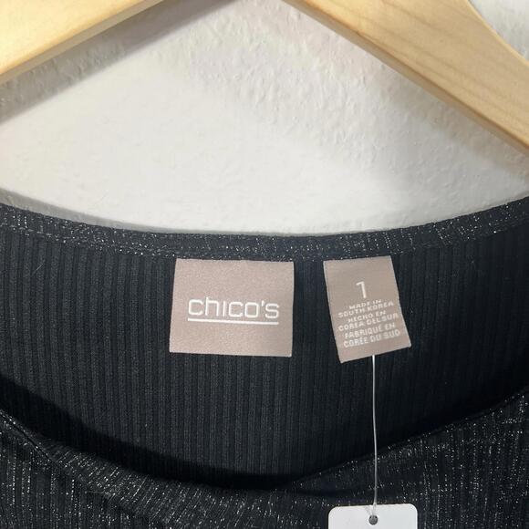 NWT Chicos Black Metallic Foil Twisted KeyHole 3/4 Sleeve Knit Top Blouse Size 1 - Picture 4 of 7